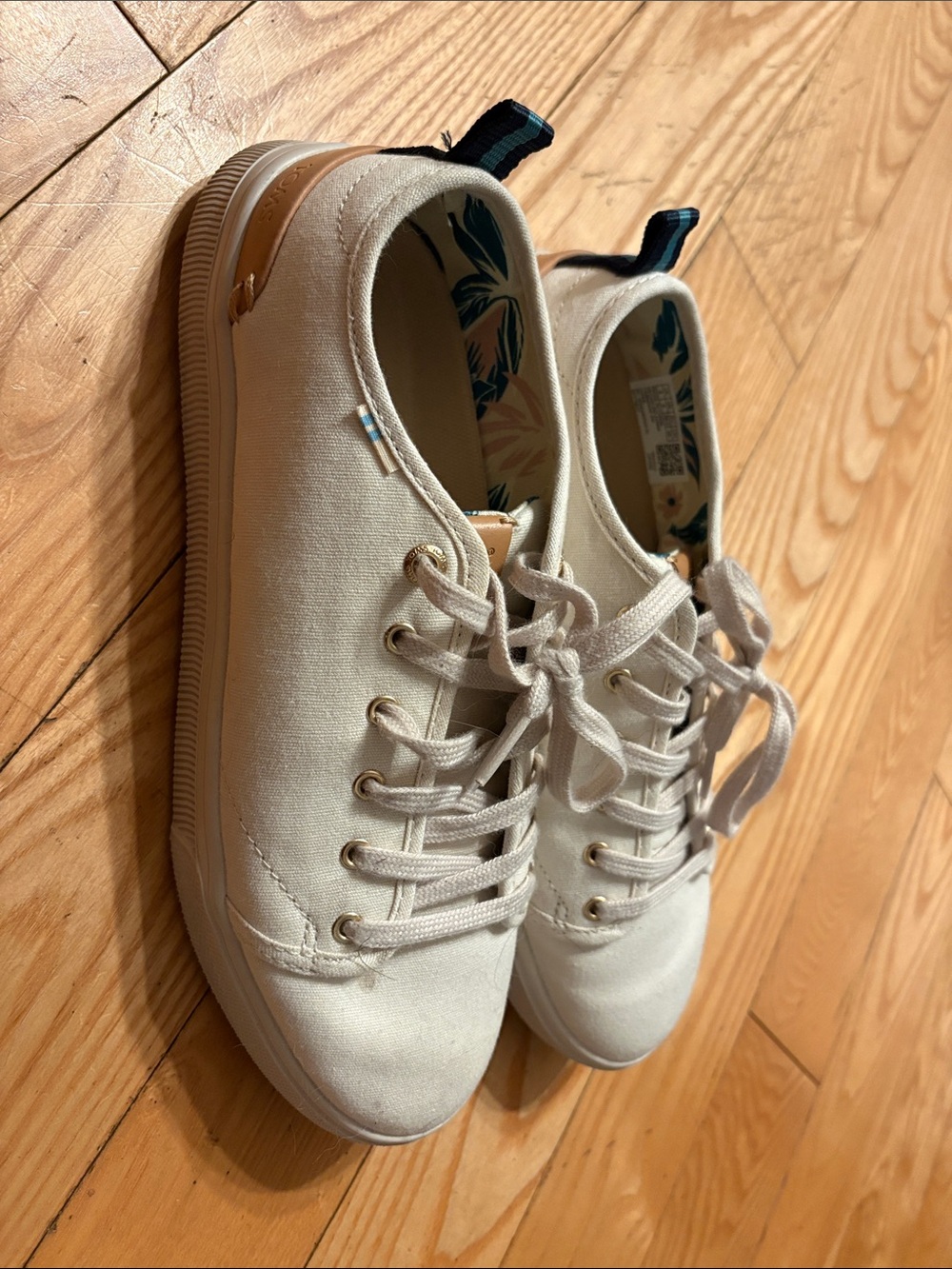 Toms Cream Canvas Lace-Up Sneakers with Navy Heel Tabs
